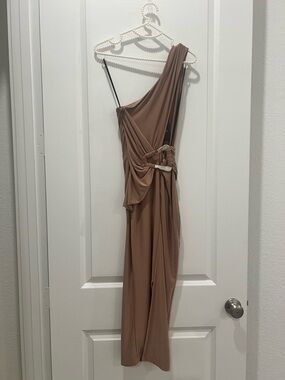 JLUXLABEL One Shoulder Ruched Midi Dress Taupe Cutout NWT Small